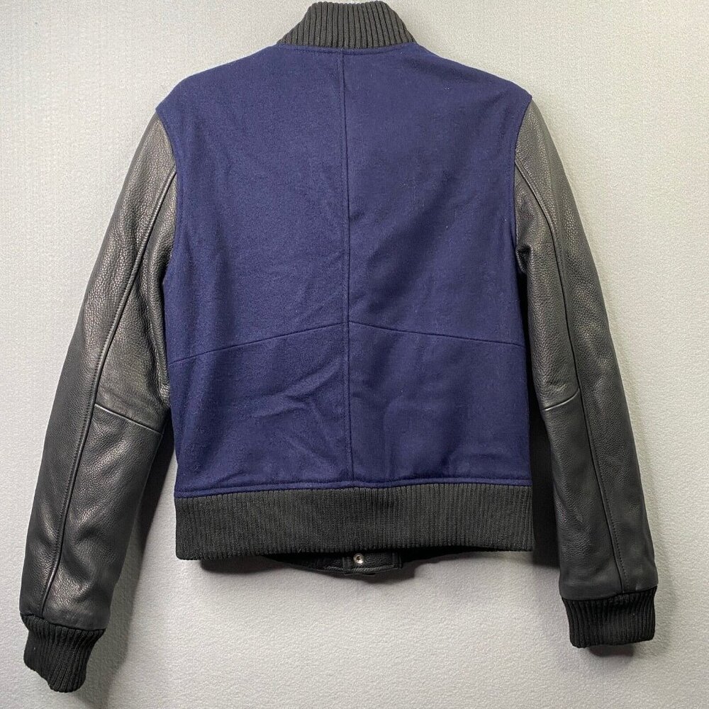 Oak NYC Double Front Varsity Jacket Womens XS Blue Wool Leather Sleeves Boxy - Picture 6 of 9